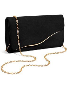 Women's Black Formal Clutch Purse With Detachable Chain Strap Evening Bag